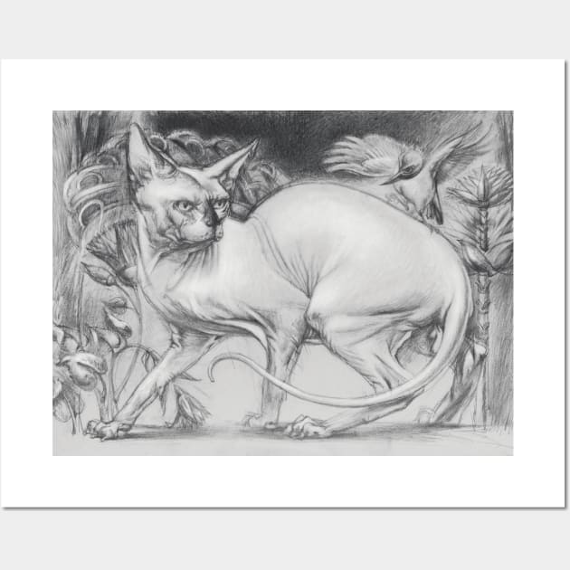 Realistic Sphinx Cat Graphite Drawing in Lush Garden - Black and White Art Wall Art by Vlad